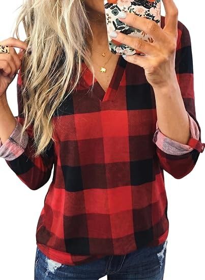 Red And Black Checkered Long Sleeve Blouse image 2